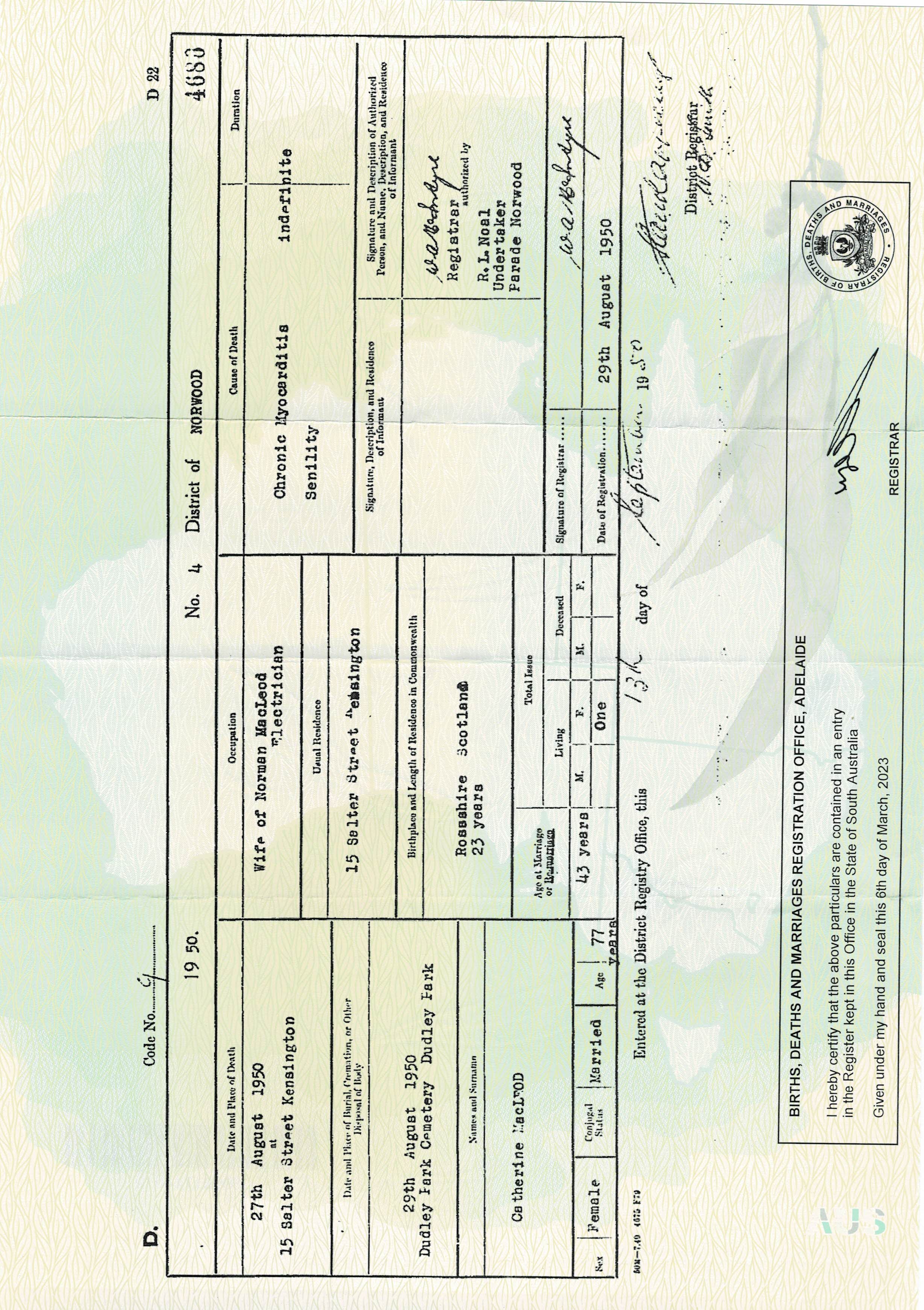 Death certificate of Catherine Gunn MacLeod, 27 Aug 1950